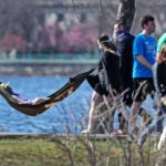 Boston weather -- People enjoying a mild, early-spring day outside.