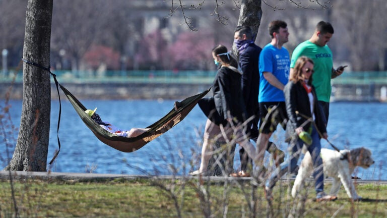 Boston weather -- People enjoying a mild, early-spring day outside.