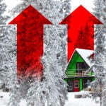 White Christmas in winter cabin in the woods between snow covered spruce trees. Red arrows in the background reach into the sky.