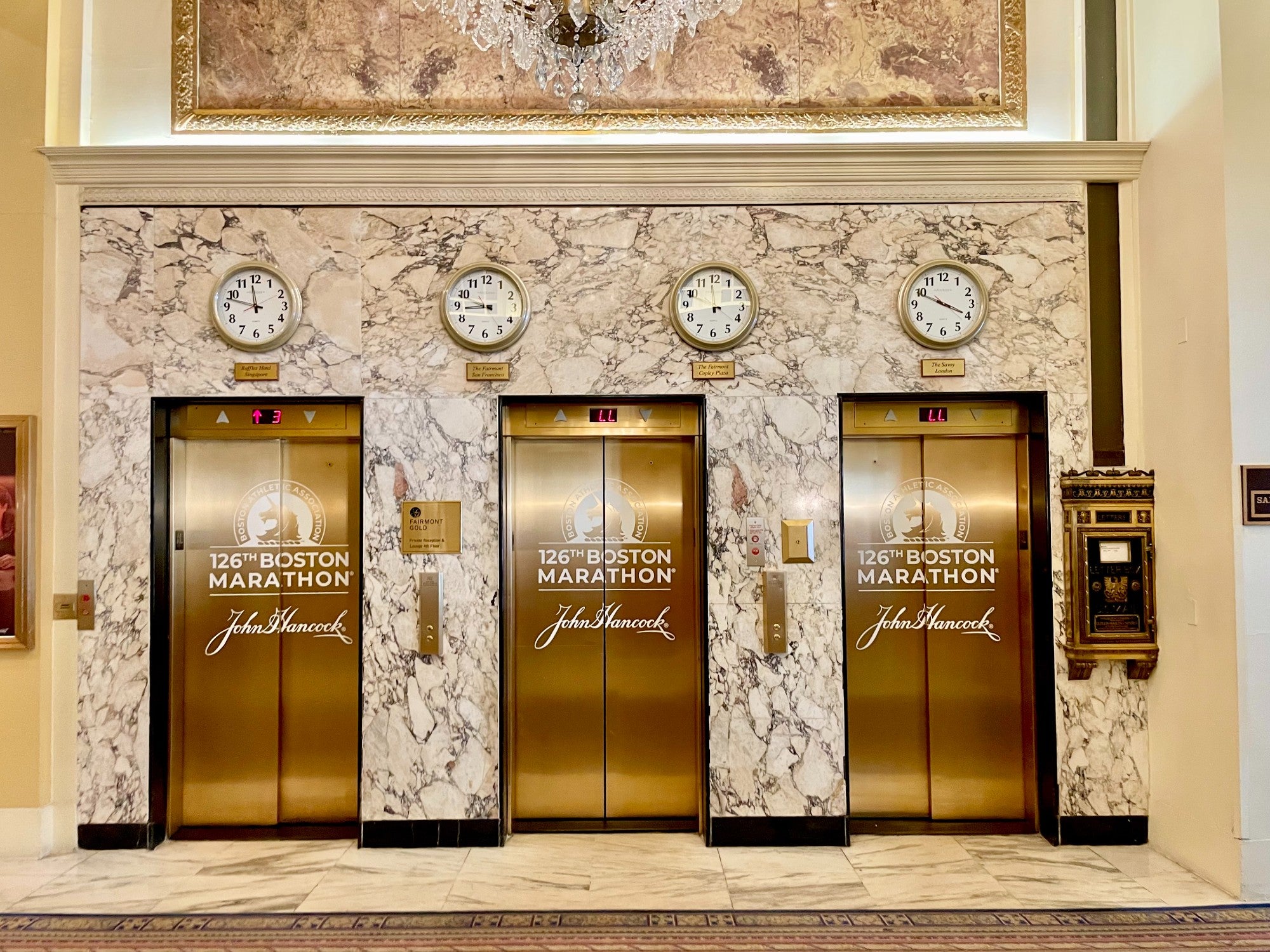 Fairmont Copley elevators wrapped for the Boston Marathon 2022
