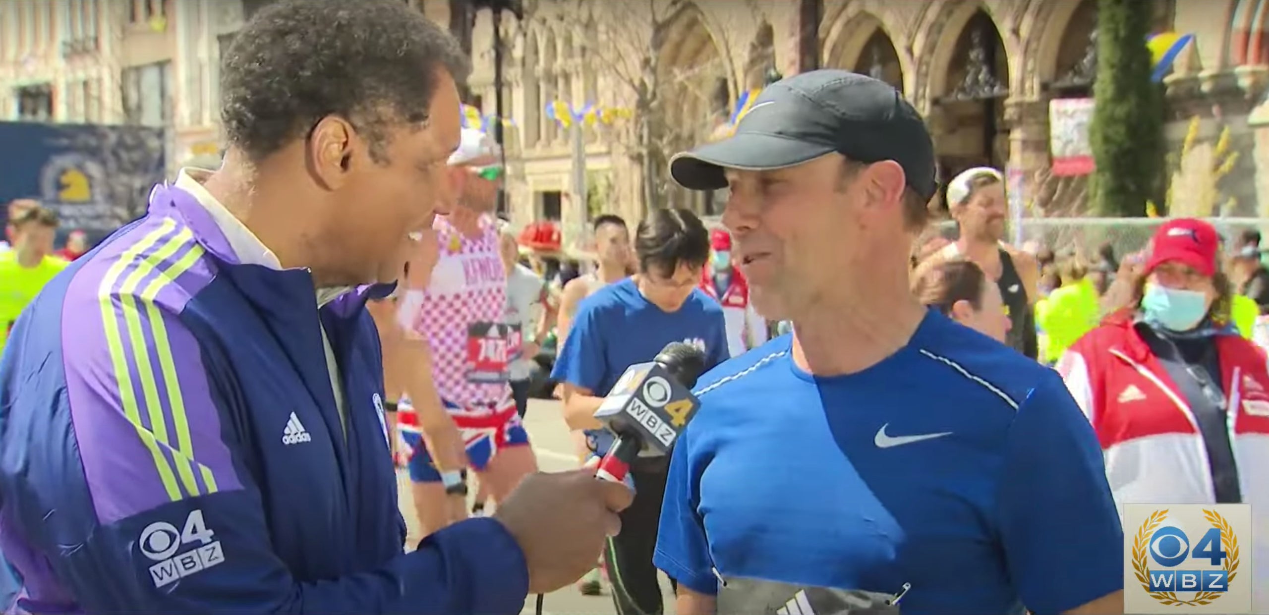 NASCAR champion Matt Kenseth chats with WBZ's Steve Burton after running the 2022 Boston Marathon.