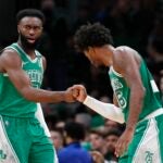 Jaylen Brown and Marcus Smart during a game against the Pacers in April, 2022.