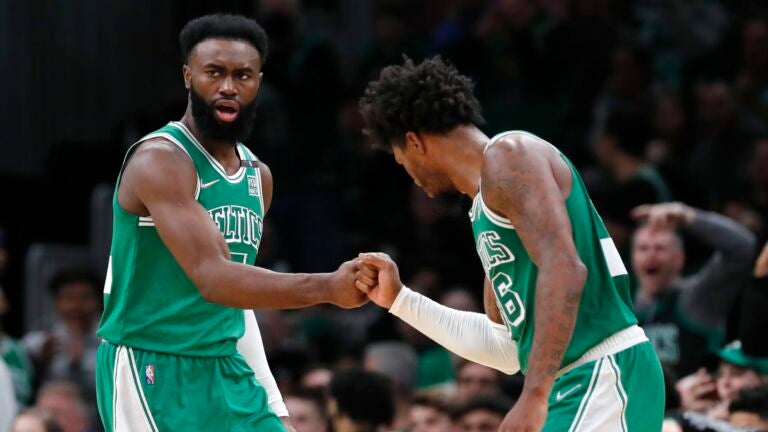 Jaylen Brown and Marcus Smart during a game against the Pacers in April, 2022.