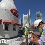 The giant HOOD milk bottle outside of Boston Children's Museum will get a facelift gets fenced off by construction crew.