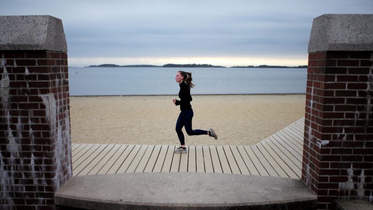 A cloudy morning in South Boston didn’t deter this jogger from a run.