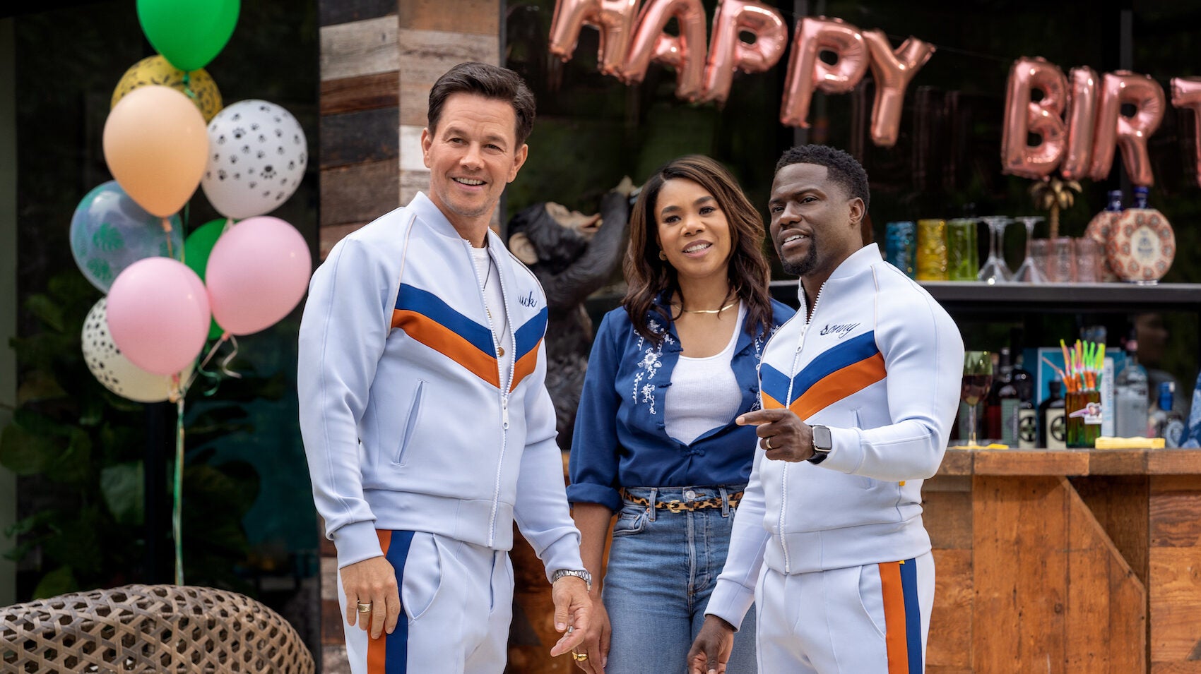 Mark Wahlberg, Regina Hall, and Kevin Hart in "Me Time.".