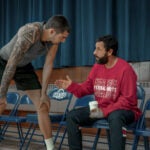 Juancho Hernangomez as Bo Cruz and Adam Sandler as Stanley Sugerman in Hustle.