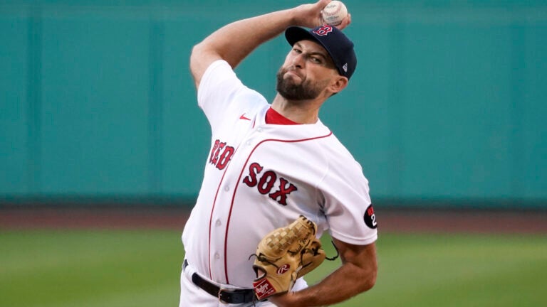 Boston Red Sox starting pitcher Michael Wacha throws during the first inning of the team's baseball game against the St. Louis Cardinals at Fenway Park, Friday, June 17, 2022, in Boston.
