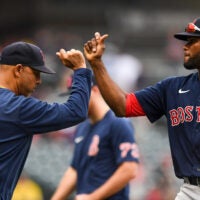 Manager Alex Cora and Franchy Cordero celebrated Boston's seventh straight victory on Sunday afternoon in Cleveland.