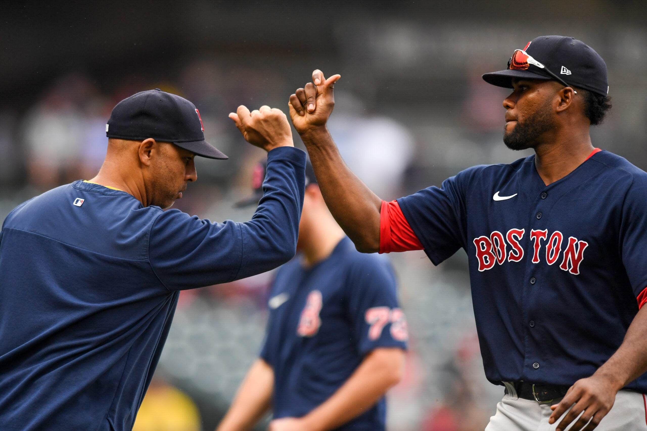 Manager Alex Cora and Franchy Cordero celebrated Boston's seventh straight victory on Sunday afternoon in Cleveland.