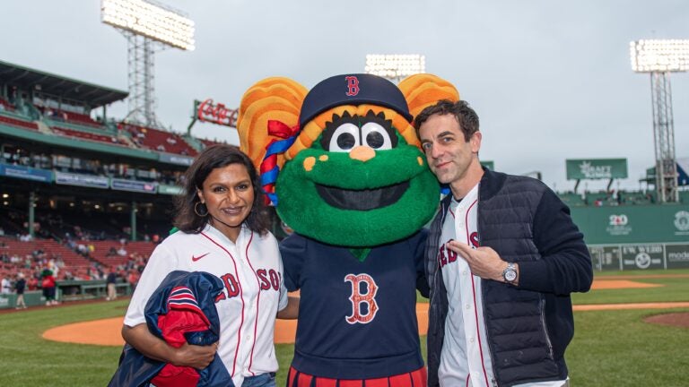 Actor B.J. Novak reacts with Wally the Boston Red Sox mascot before a  News Photo - Getty Images