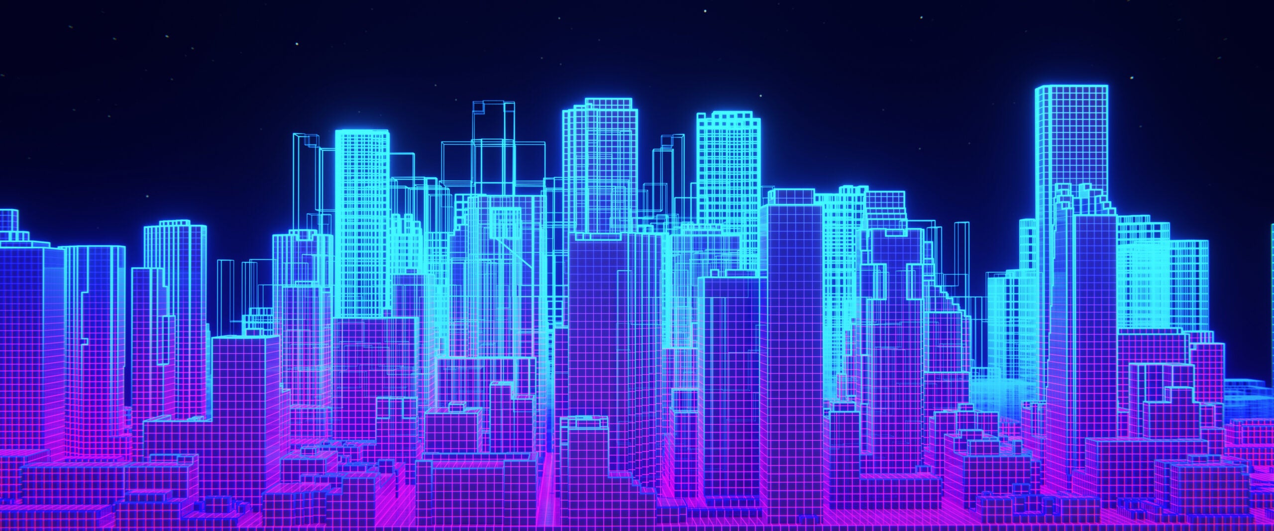 A conceptualization of a virtual city with holographic skycrapers in the metaverse.
