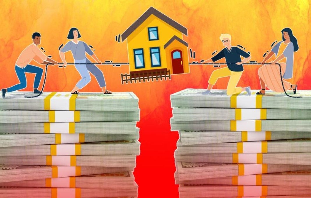 People playing tug-of-war over a house while standing on stacks of money.