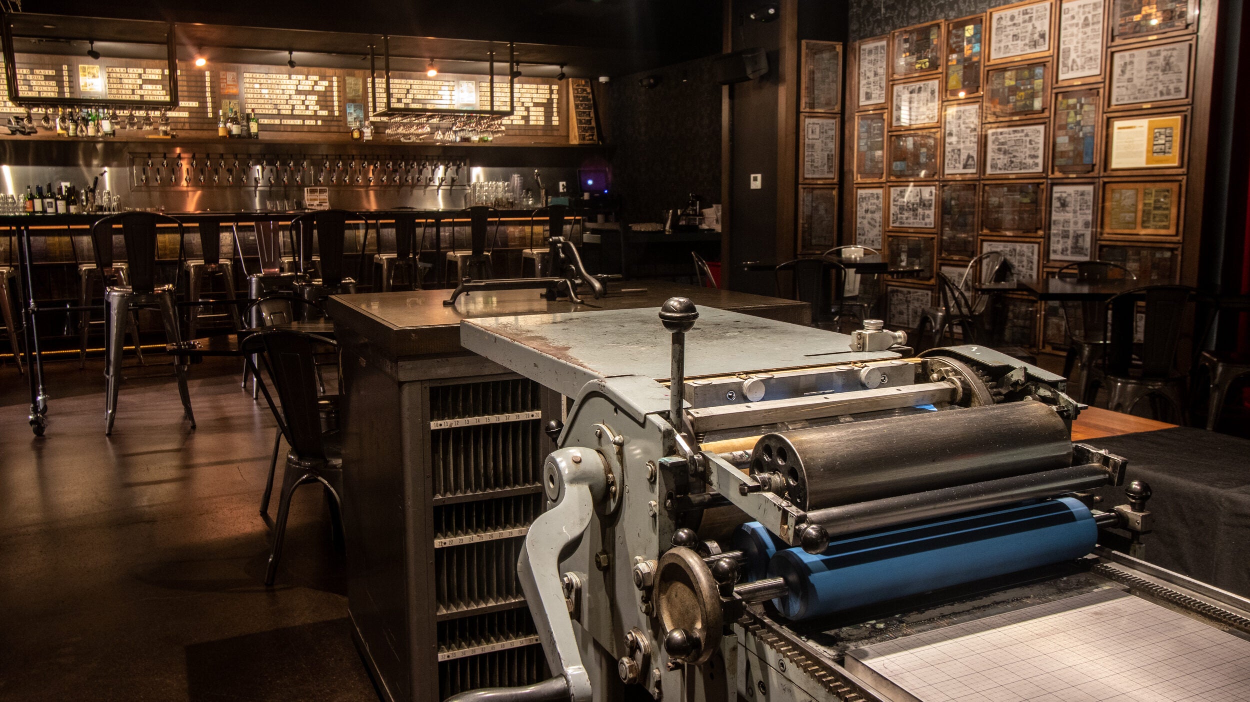 The Press Room Bar at Alamo Drafthouse in New York City, which will resemble the bar at its upcoming Boston location.