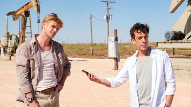 Boyd Holbrook (left) and B.J. Novak in "Vengeance."