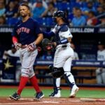 Xander Bogaerts laments after striking out against the Rays.