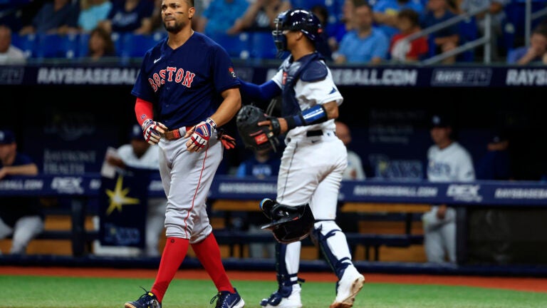 Xander Bogaerts laments after striking out against the Rays.