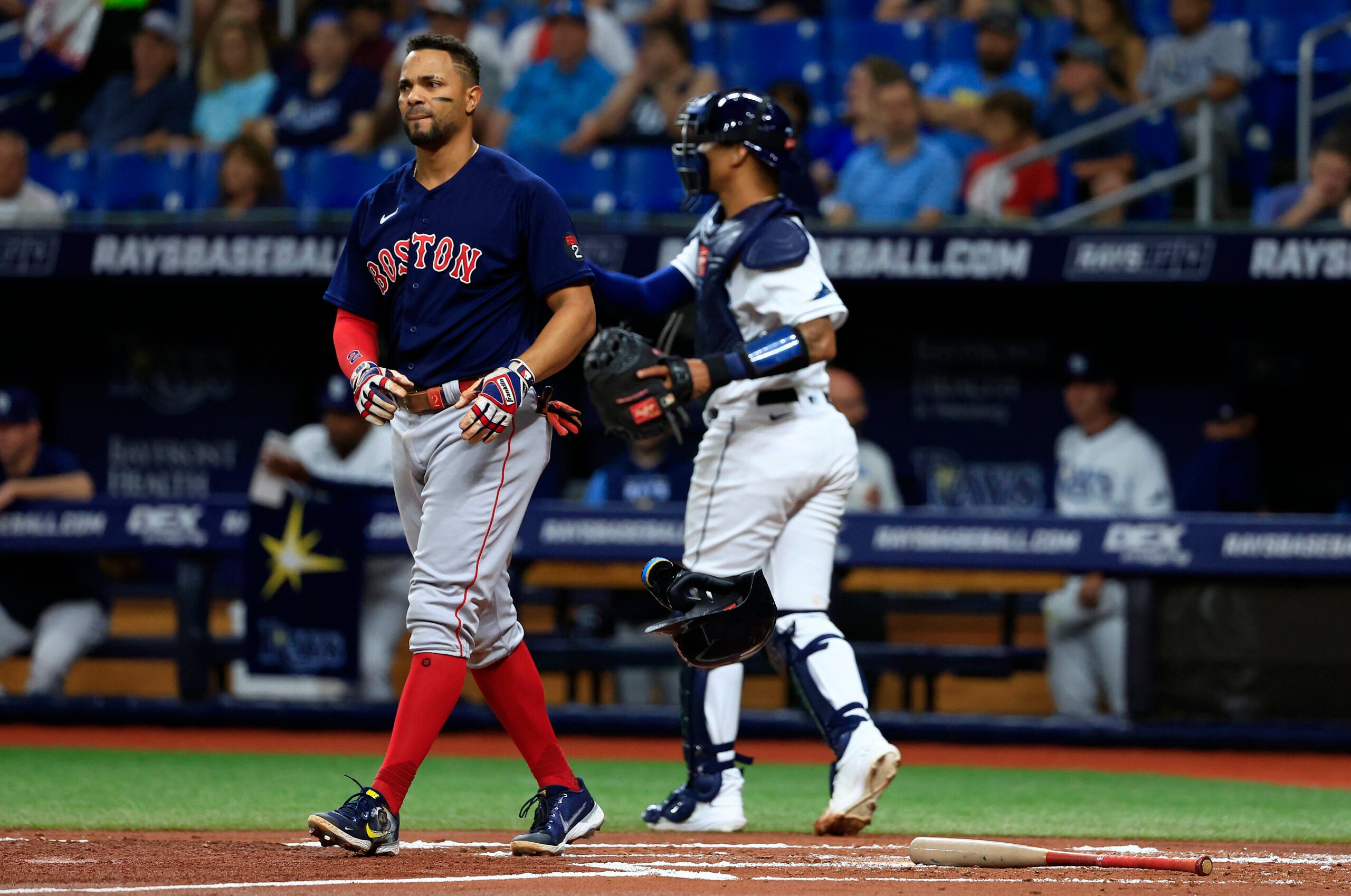 Xander Bogaerts laments after striking out against the Rays.