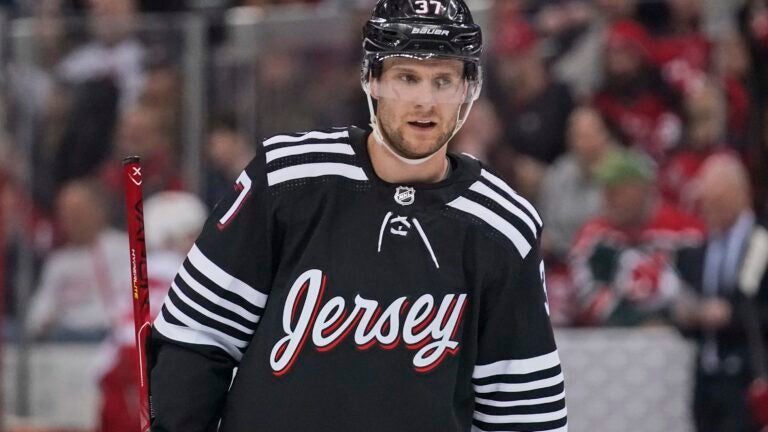 Boston Bruins' Pavel Zacha plays against the New Jersey Devils