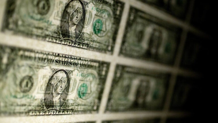 A sheet of uncut U.S. $1 bills.