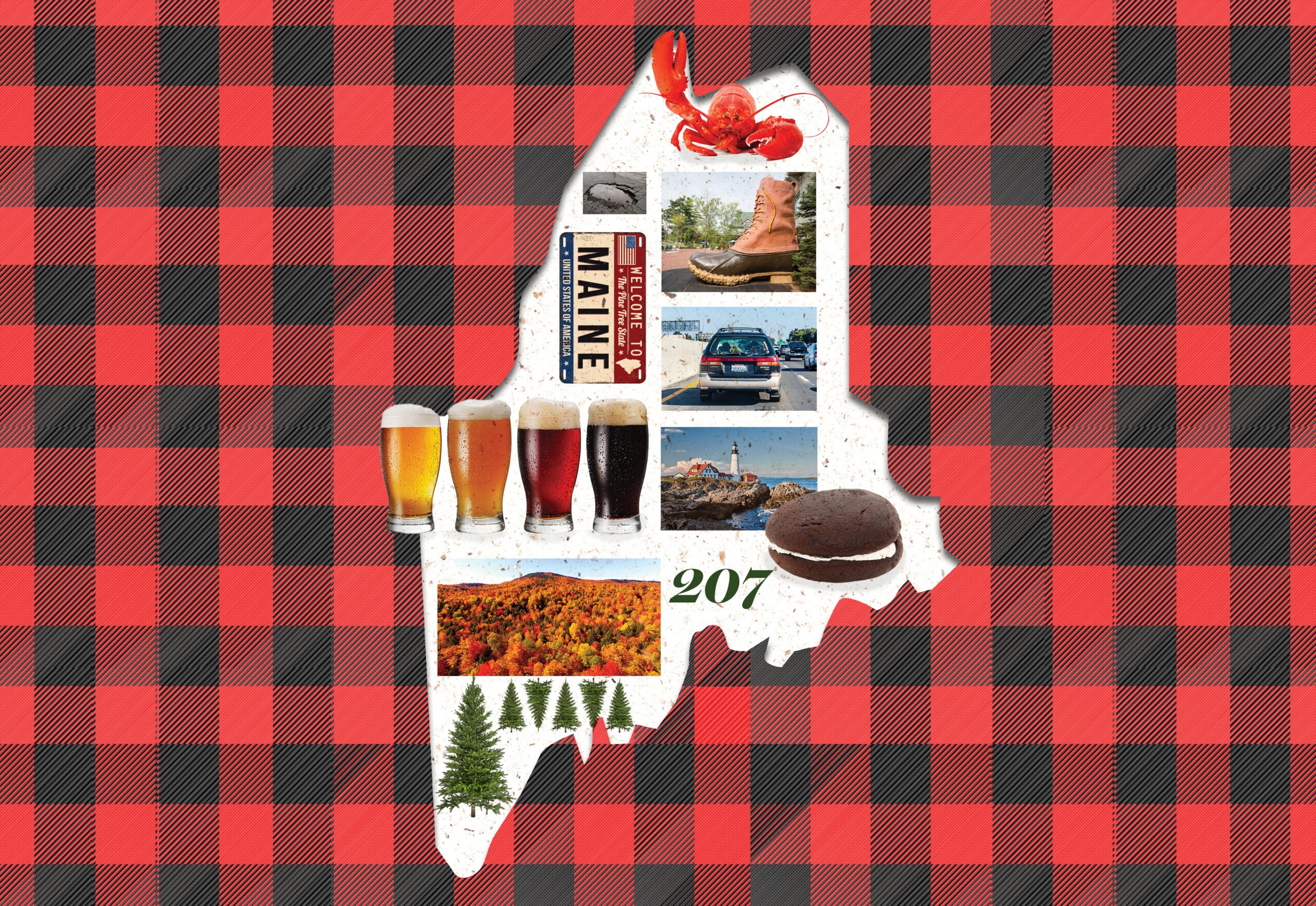 The outlline of the state of Maine on a red plaid background. The outline is filled with beer, whoppie pies, pine trees, lobster, license plates, and a Subaru.