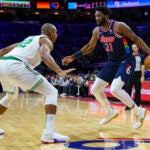 Philadelphia 76ers' Joel Embiid, right, in action against Boston Celtics' Al Horford.