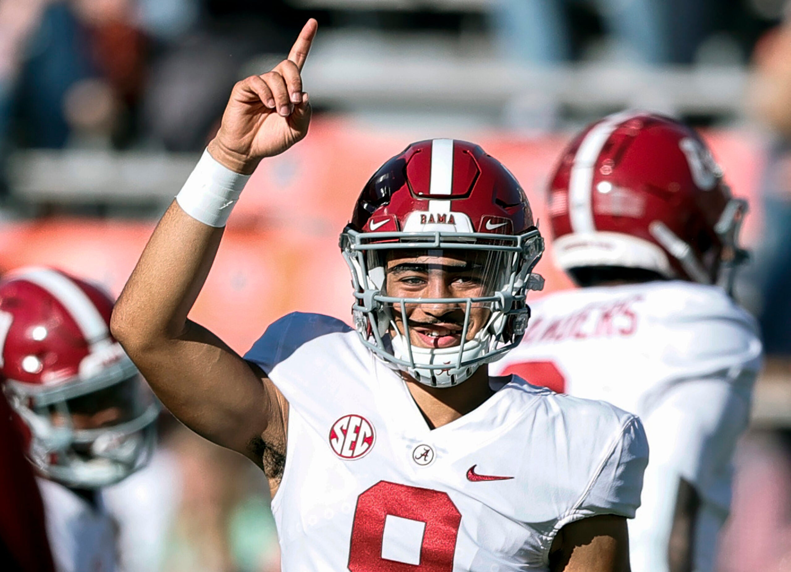 Alabama quarterback Bryce Young (9) during warm ups before the start of an NCAA college football game against Auburn Saturday, Nov. 27, 2021, in Auburn, Ala.