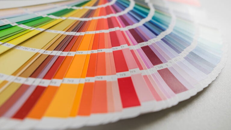 Fan of color samples. Catalog of rainbow color samples for design. Design concept