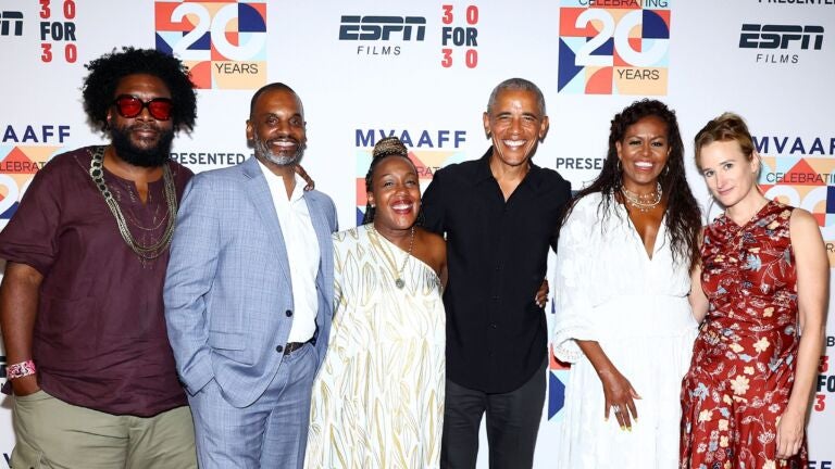 Questlove, Floyd Rance, Stephanie T. Rance, Barack Obama, Michelle Obama, and Margaret Brown attend the premiere of Netflix's Descendant during the Martha's Vineyard African-American Film Festival at Harbor View Hotel on August 05, 2022 in Edgartown, Massachusetts.