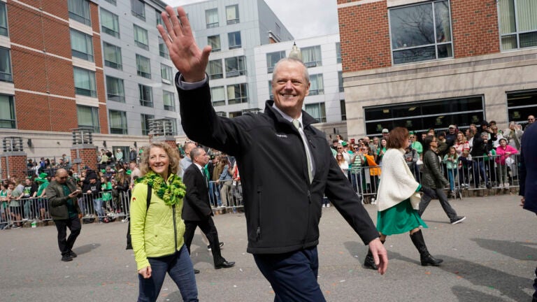 Charlie Baker waves to crowd at St. Patrick's Day Parade in Boston