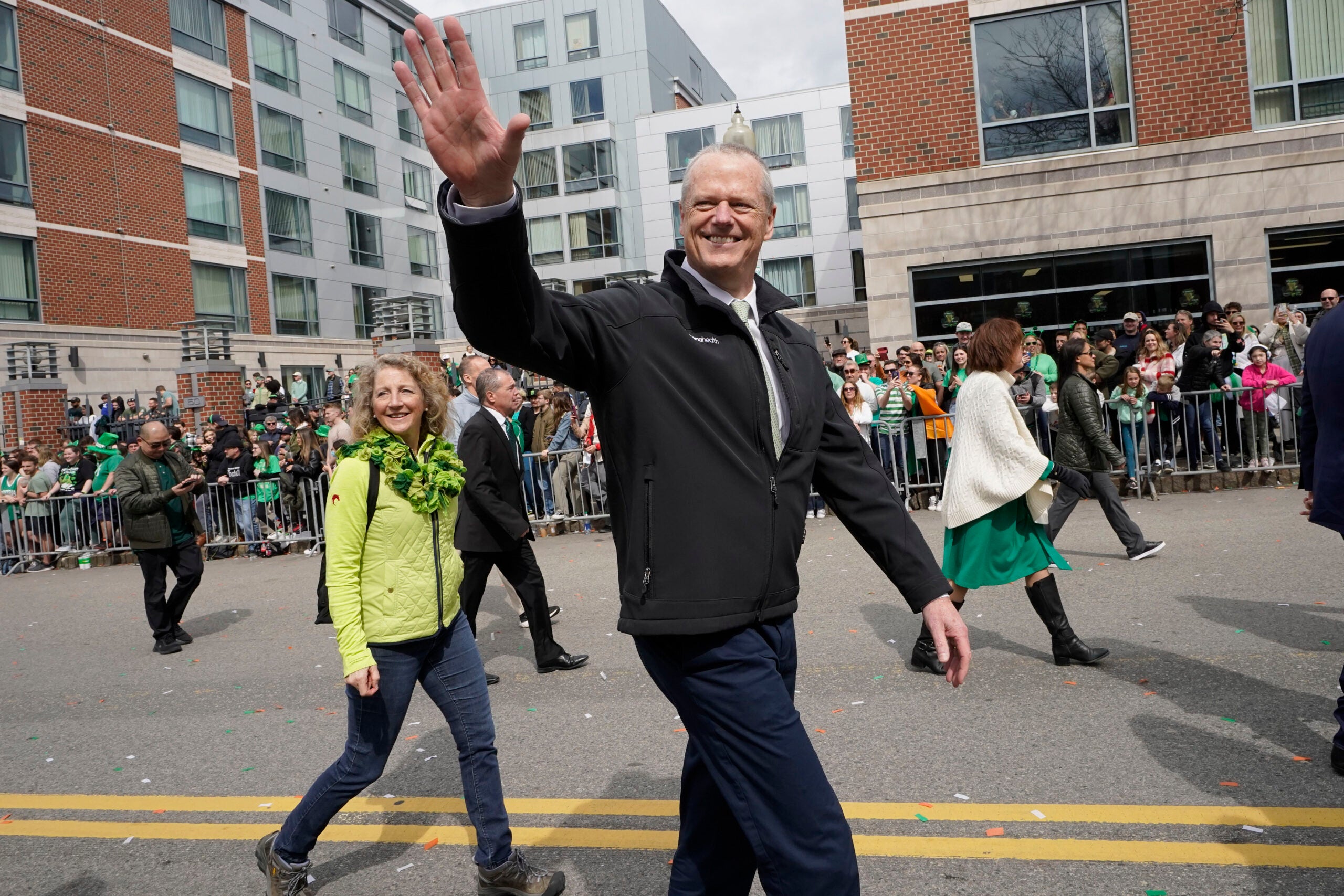 Charlie Baker waves to crowd at St. Patrick's Day Parade in Boston
