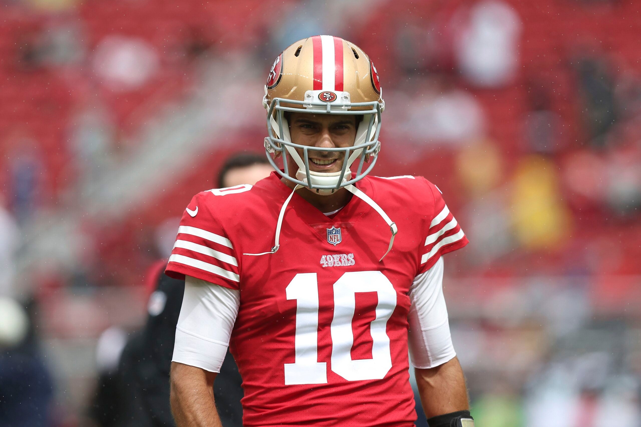San Francisco 49ers quarterback Jimmy Garoppolo looks on before a game against the Seattle Seahawks, Sunday, Sept. 18, 2022 in Santa Clara, Calif.