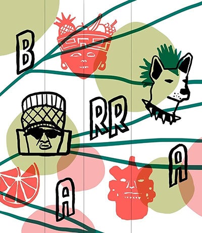 Barra's logo. Drawn faces and an orange slice against green polka dot background.