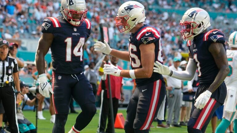 FOXBOROUGH, MA - AUGUST 19: New England Patriots wide receiver Ty Montgomery  (14) crosses the goal line during an NFL preseason game between the New  England Patriots and the Carolina Panthers on