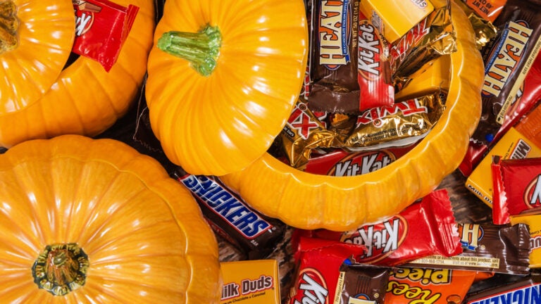 Decorative pumpkins filled with assorted Halloween chocolate can