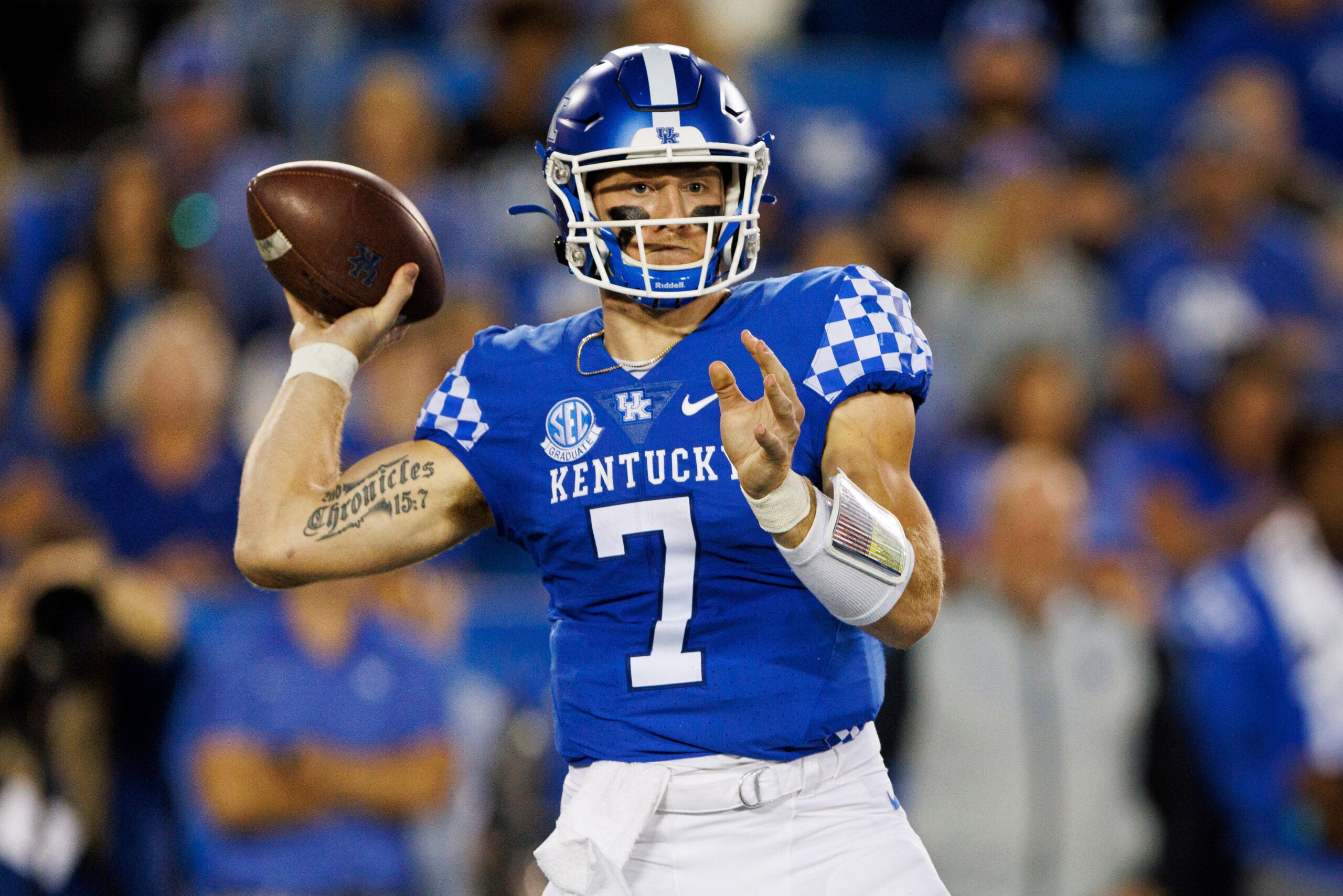 Kentucky quarterback Will Levis (7) throws a pass during the first half of an NCAA college football game against Northern Illinois in Lexington, Ky., Saturday, Sept. 24, 2022.