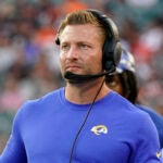 Los Angeles Rams head coach Sean McVay watches against the Cincinnati Bengals during the second half of a preseason NFL football game in Cincinnati, Saturday, Aug. 27, 2022.