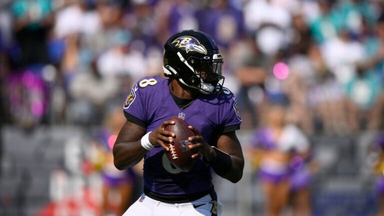 Baltimore Ravens quarterback Lamar Jackson in action during the second half of an NFL football game against the Miami Dolphins.