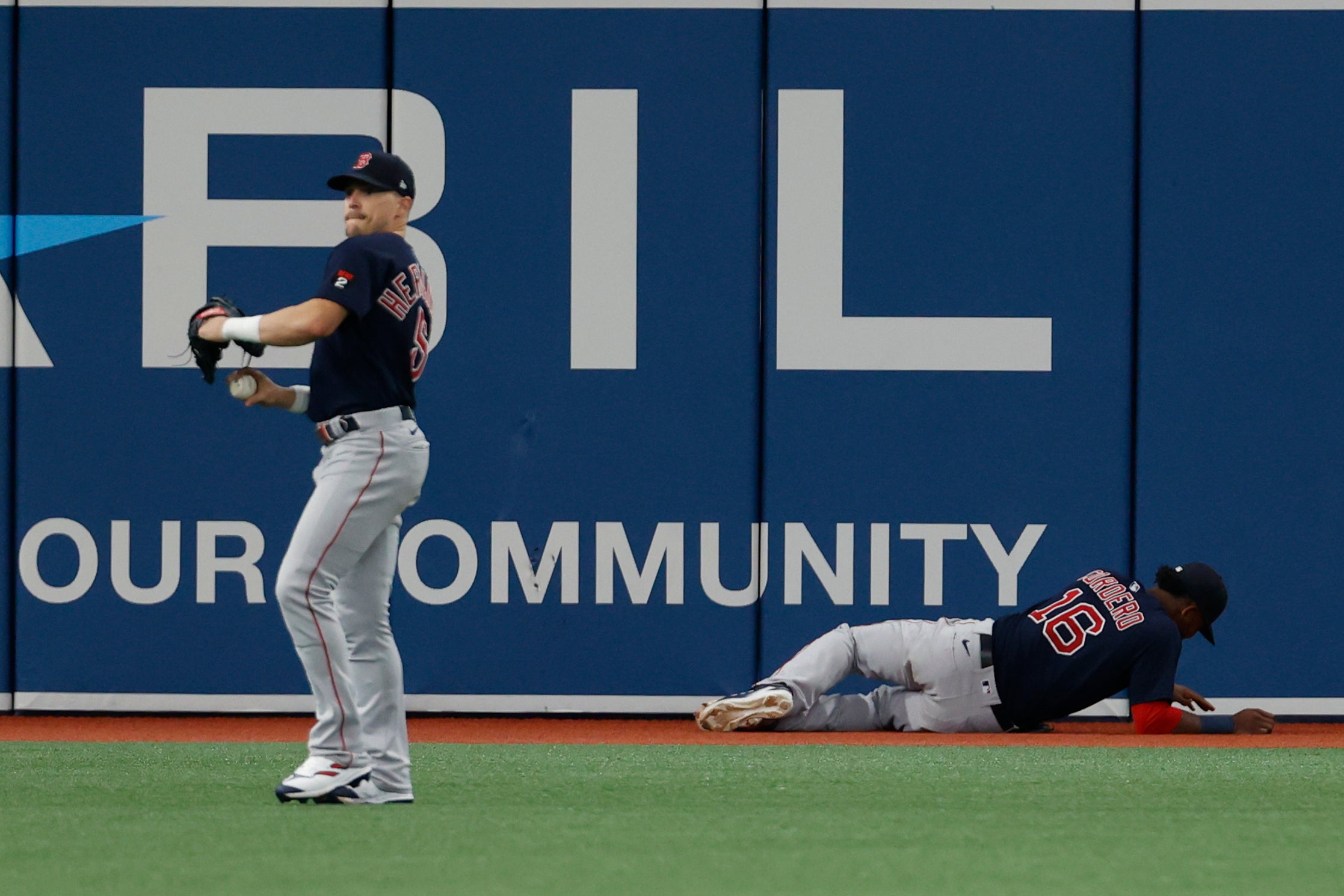 Enrique Hernandez ran all the way in from center field to catch