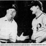 Umpire Joe West has an animated discussion with pitcher Kevin Gross over a balk call.