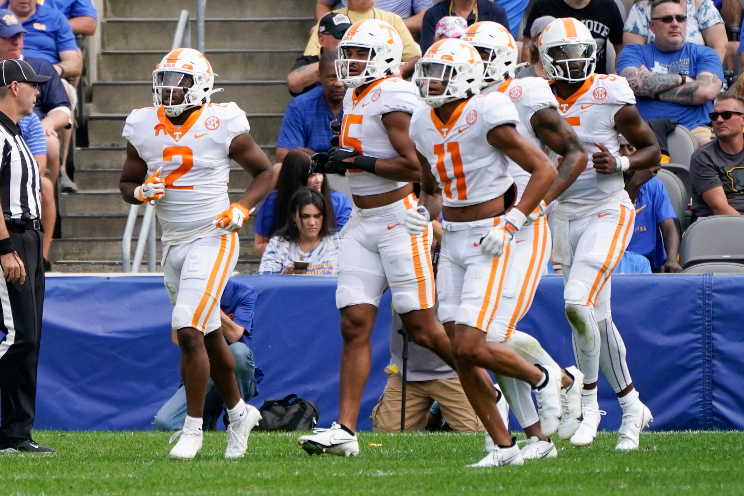 Tennessee running back Jabari Small (2), leads his team from the field after he scored a touchdown against Pittsburgh during the first half of an NCAA college football game, Saturday, Sept. 10, 2022, in Pittsburgh.