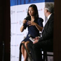 Boston Mayor Michelle Wu speaking before the Greater Boston Chamber of Commerce