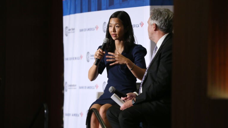 Boston Mayor Michelle Wu speaking before the Greater Boston Chamber of Commerce