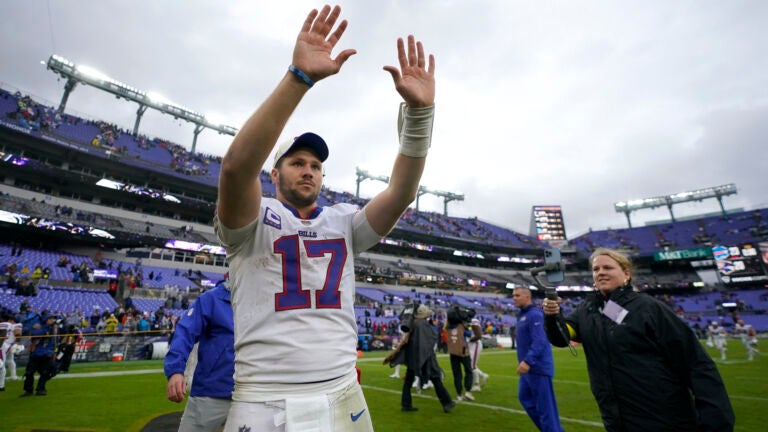 Buffalo Bills quarterback Josh Allen (17) waves to fans as he leaves the field after a 23-20 win over the Baltimore Ravens in an NFL football game Sunday, Oct. 2, 2022, in Baltimore.