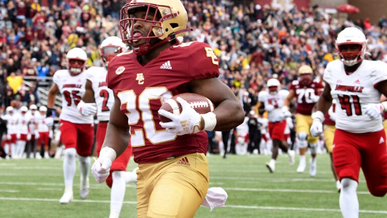 Boston College running back Alex Broome runs into the endzone to score against Louisville during the first half of an NCAA college football game Saturday, Oct. 1, 2022, in Boston.