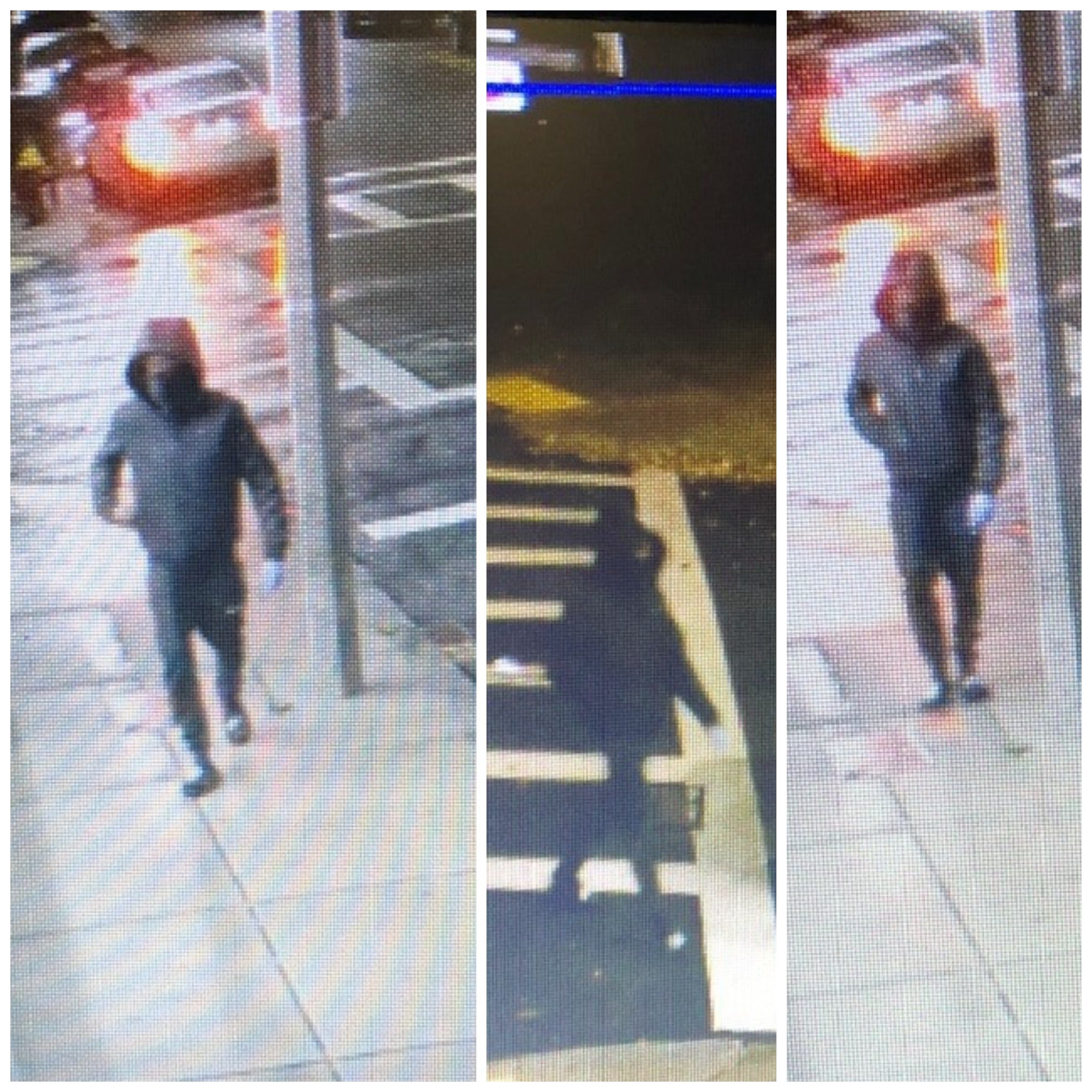 alt = three photo collage of suspect walking on the street in hooded jacket and dark-colored pants