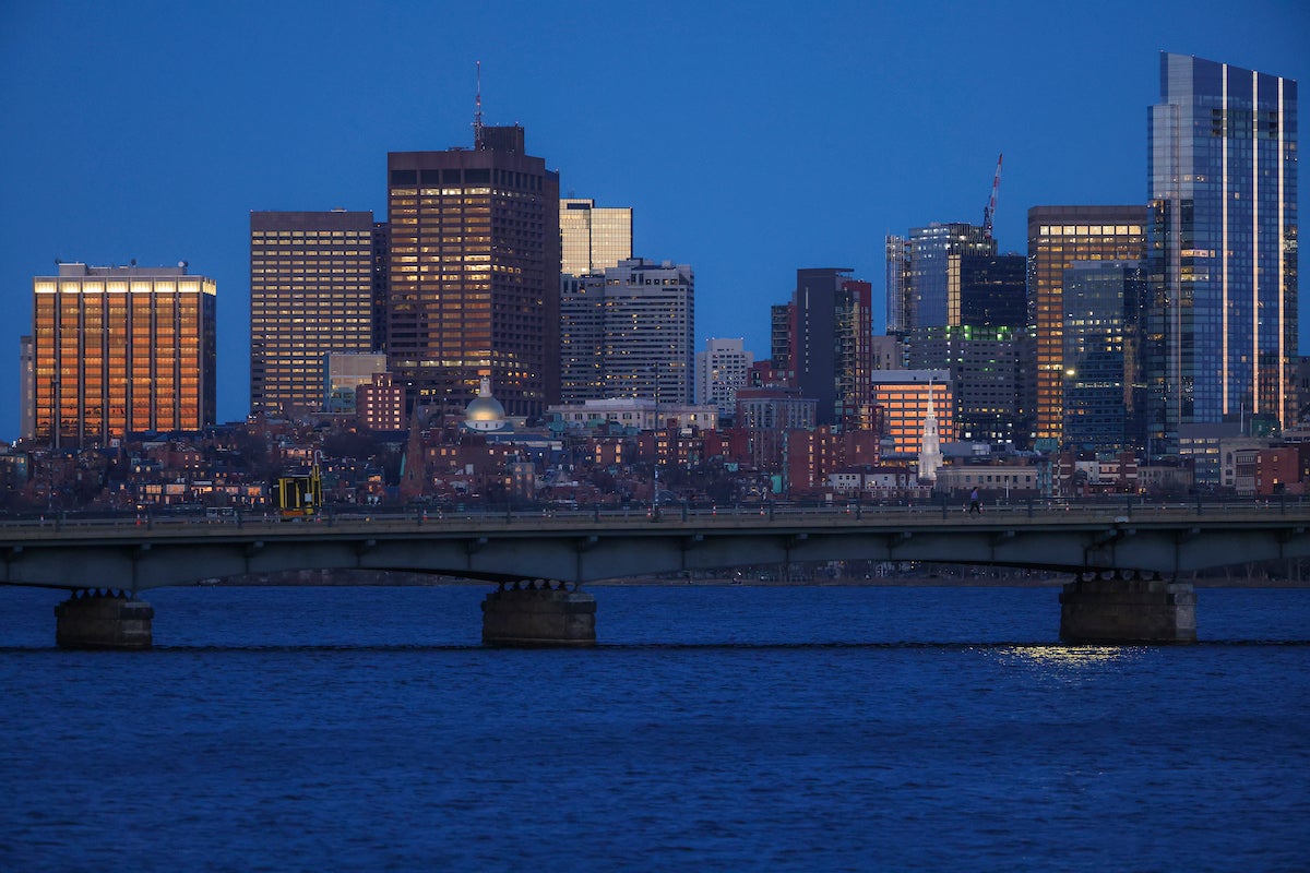 The Mass Avenue Bridge and the Boston skyline at dusk