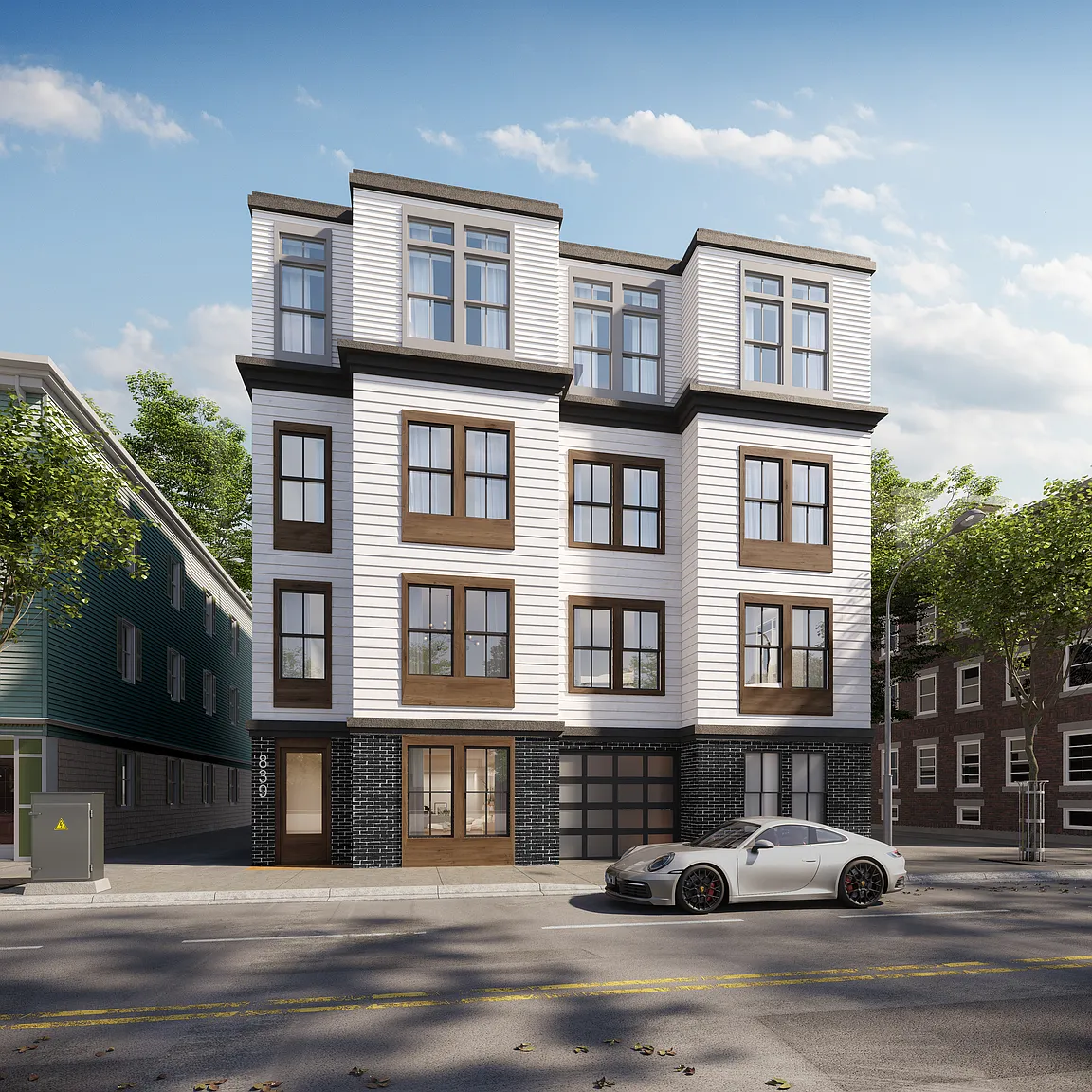 839 Saratoga St Unit 1 and other remaining spaces, from the outside. Tall modern building with car in front. This is a rendering.