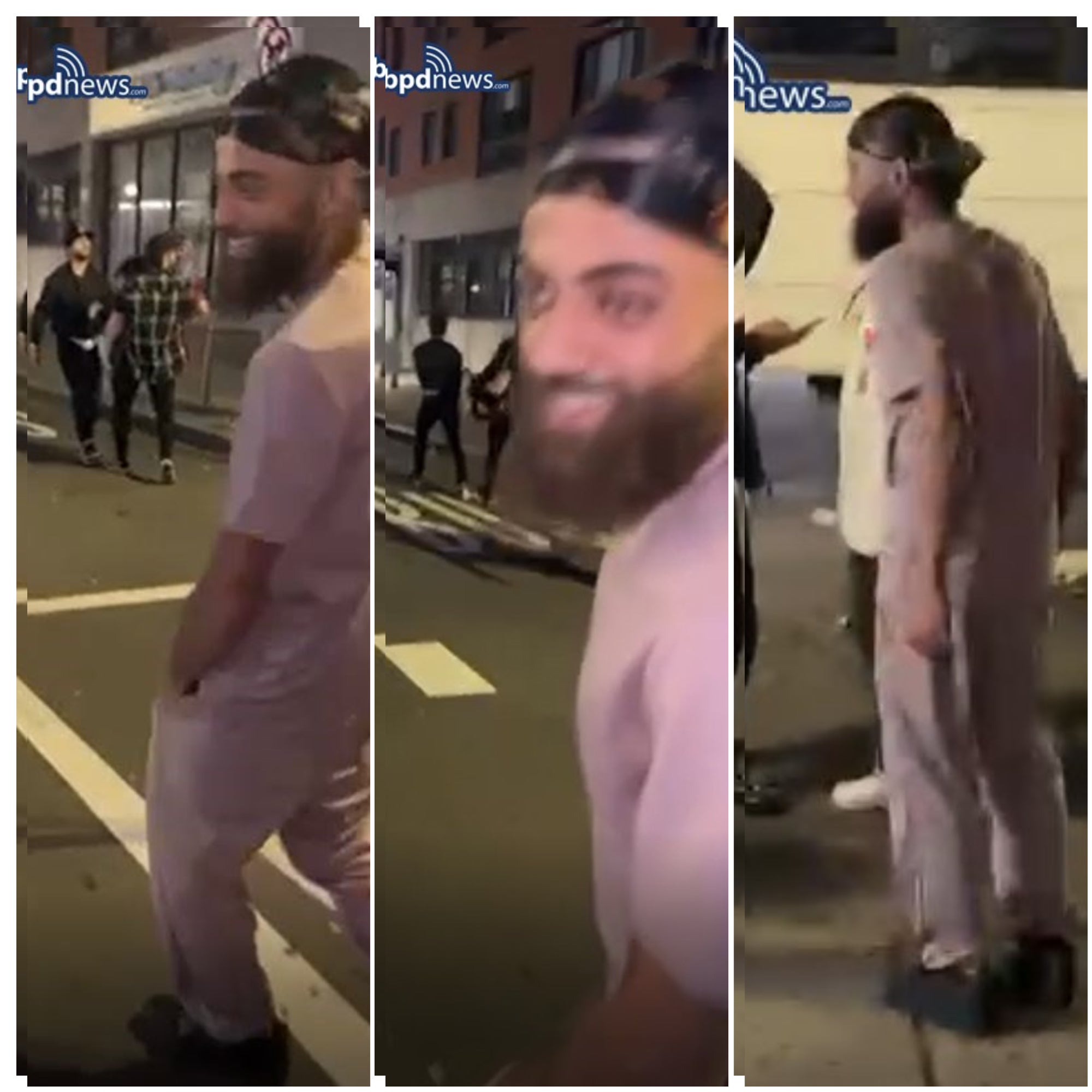 alt= three different angles of a suspect with facial hair. The suspect appears tall and slender, possibly wearing dark sneakers and light-colored pants and a matching shirt.