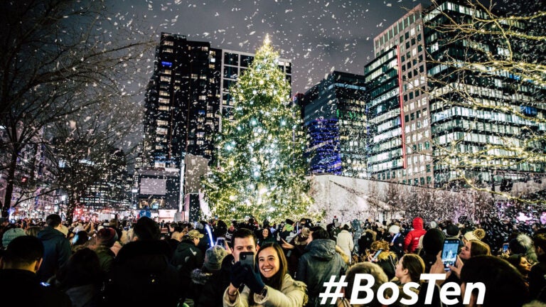 The Christmas tree lighting at Snowport in Boston Seaport.